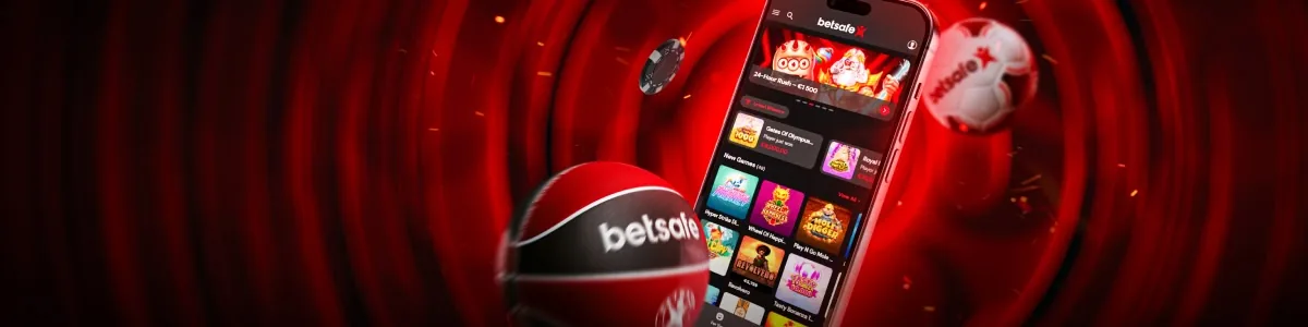 Pieza publicitaria con un teléfono mostrando el lobby de casino de la marca