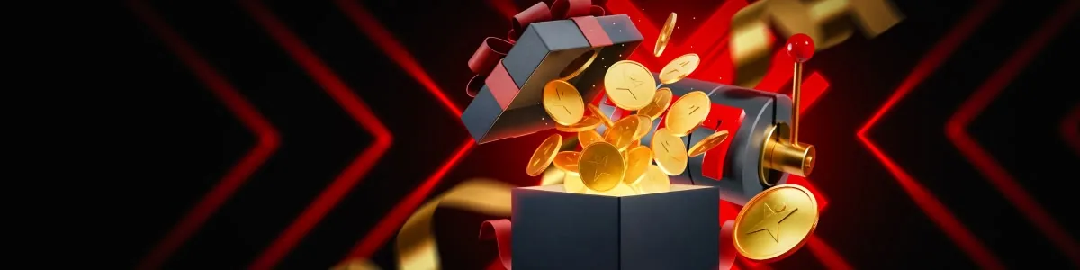 Banner con una caja abierta de la que salen monedas doradas con la estrella de la marca