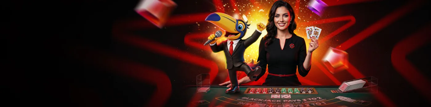 Banner de casino en vivo con una crupier junto a una mesa de blackjack