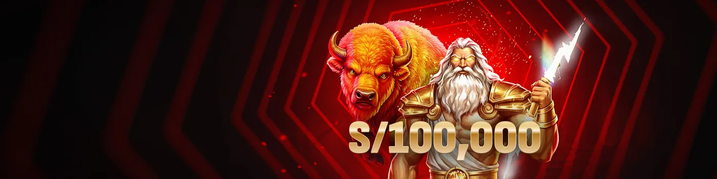 Cartel de torneo de casino con un bisonte en llamas y un monto en soles impreso