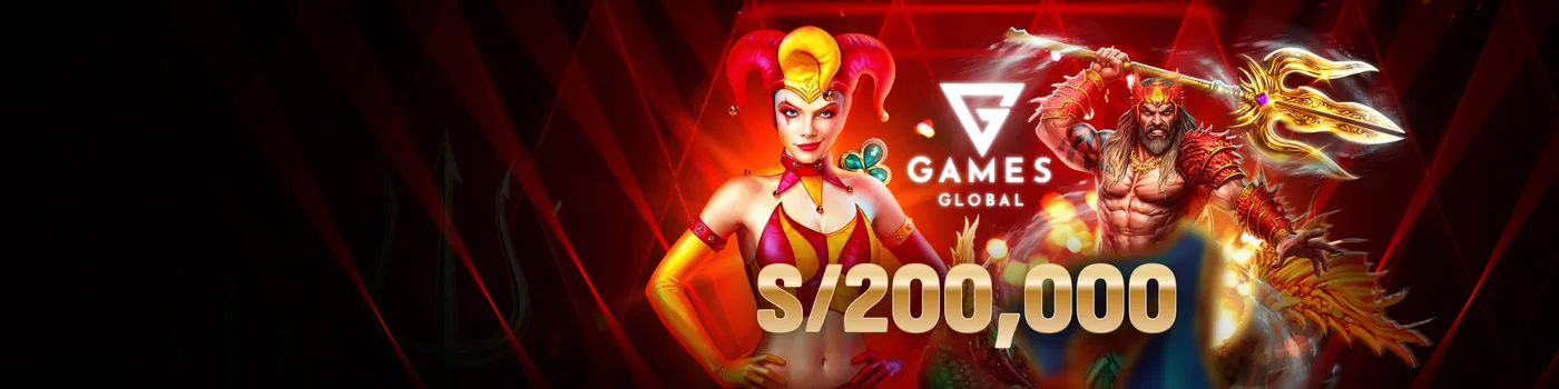 Cartel ancho de torneo de casino con personajes de tragamonedas y un monto en soles.