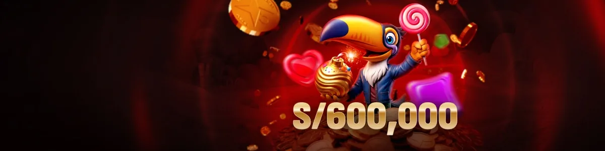 Cartel de torneo de casino con la mascota tucán y un monto en soles impreso