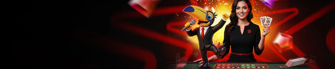 Banner ancho de portada con una crupier y la mascota tucán junto a una mesa de blackjack.