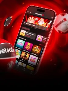 Pieza vertical con un teléfono mostrando el lobby de juegos de la casa.