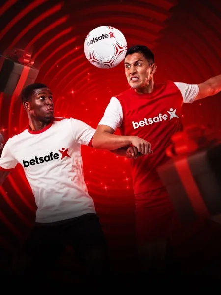 Tarjeta publicitaria deportiva con dos futbolistas de camiseta de la marca