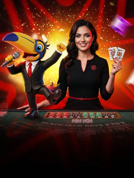 Pieza vertical del bono de casino con una crupier y la mascota de la casa.