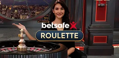 Carátula de la mesa de ruleta rotulada con el nombre de la casa y una crupier junto al cilindro.