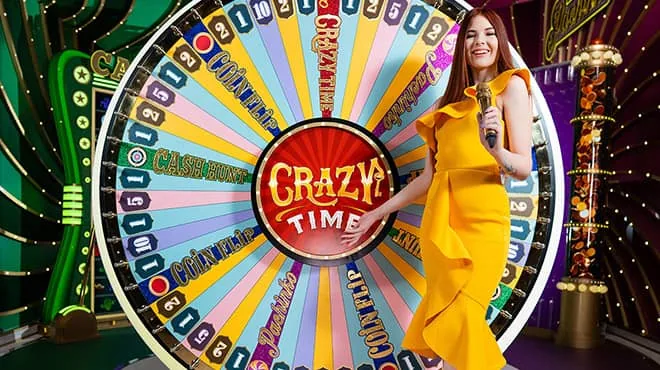 Carátula de la mesa Crazy Time con la rueda de premios y una presentadora.