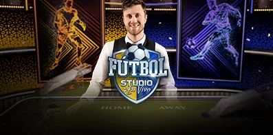 Carátula de Football Studio con un presentador entre dos pantallas de temática futbolera.